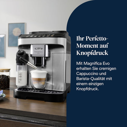 Magnifica Evo ECAM292.81.SB- Kaffeevollautomat mit vollautomatischem cremigen Milchschaum, 7 One-Touch-Getränke, Cappuccino & Espresso, Kaffeemaschine, Soft-Touch-Bedienfeld, Silber