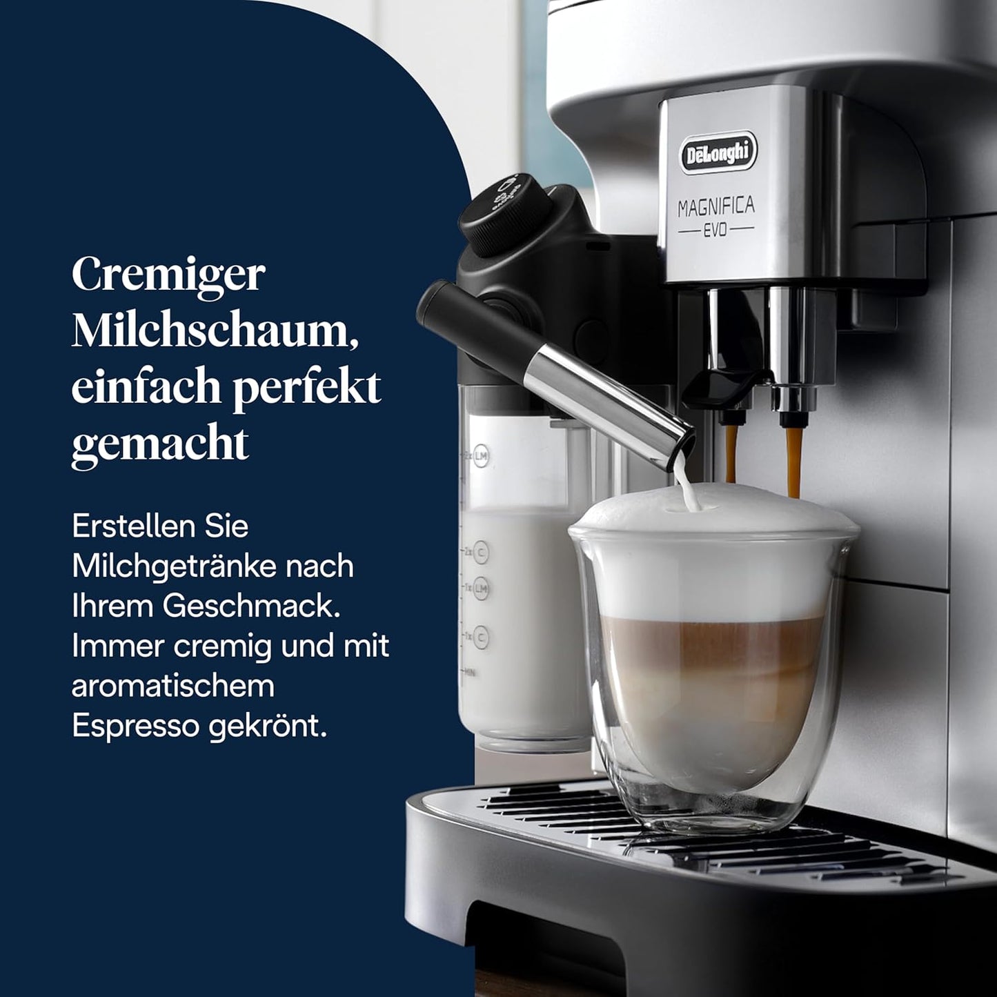 Magnifica Evo ECAM292.81.SB- Kaffeevollautomat mit vollautomatischem cremigen Milchschaum, 7 One-Touch-Getränke, Cappuccino & Espresso, Kaffeemaschine, Soft-Touch-Bedienfeld, Silber
